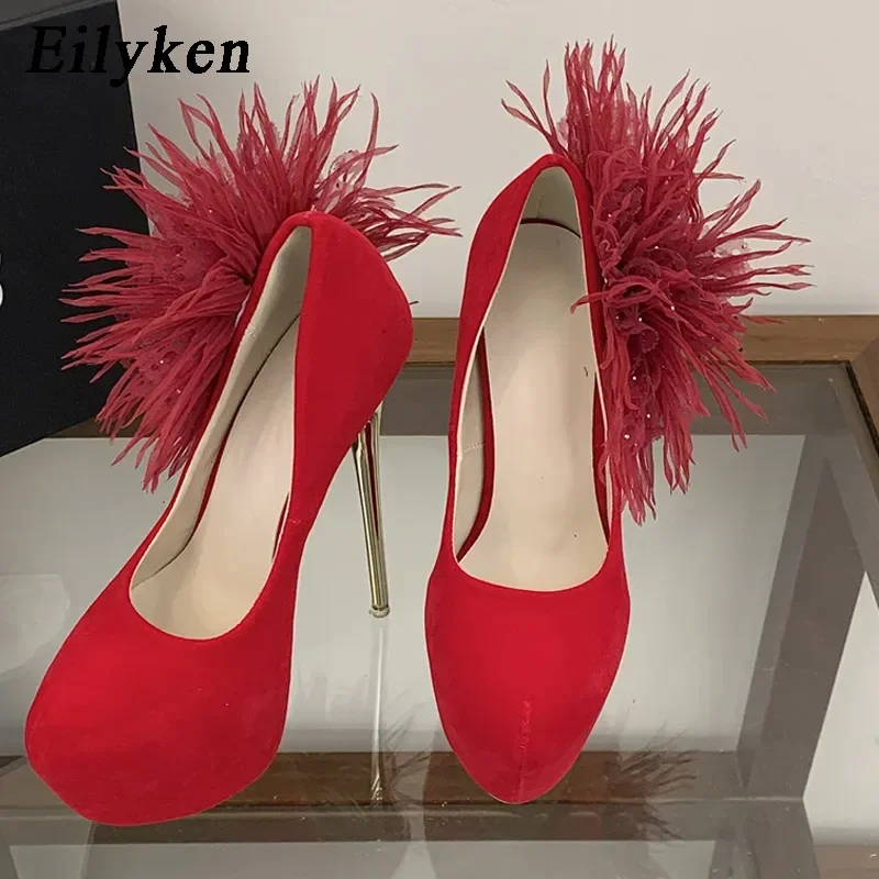 Eilyken Fashion Fluffy Feather Flower Women Platform Pump Sexy Stiletto Ultra High Heels Nightclub Catwalk Striptease Shoes