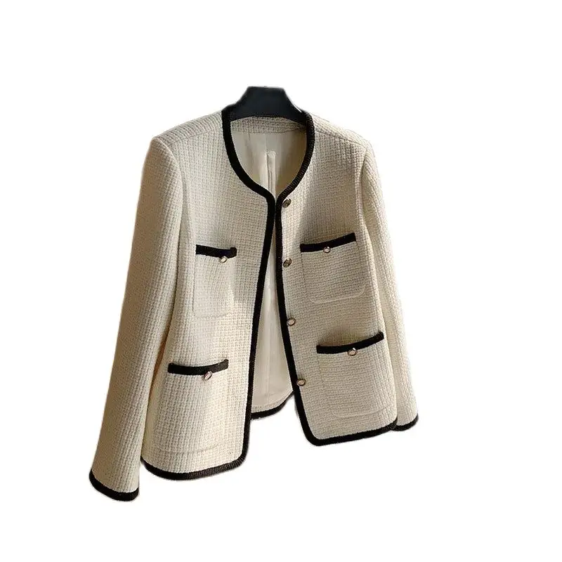 

White Black Spring Autumn Jacket 2023 New Women Tops Coat Korean Round Neck Contrast Tweed Fashion Woolen Outerwear Female