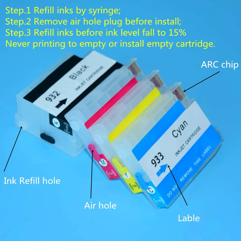 932XL 933XL 932 933 Refillable Ink Cartridge With ARC Chip For HP Officejet 6100 6600 6700 7110 7610 7612 7510 7512 Printers