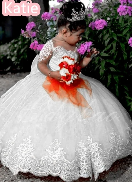 فستان فتاة الزهور منتفخ من التول الأبيض لحفلات الزفاف مع فيونكة مخصصة لحفلات أعياد الميلاد للأميرة للأطفال #1