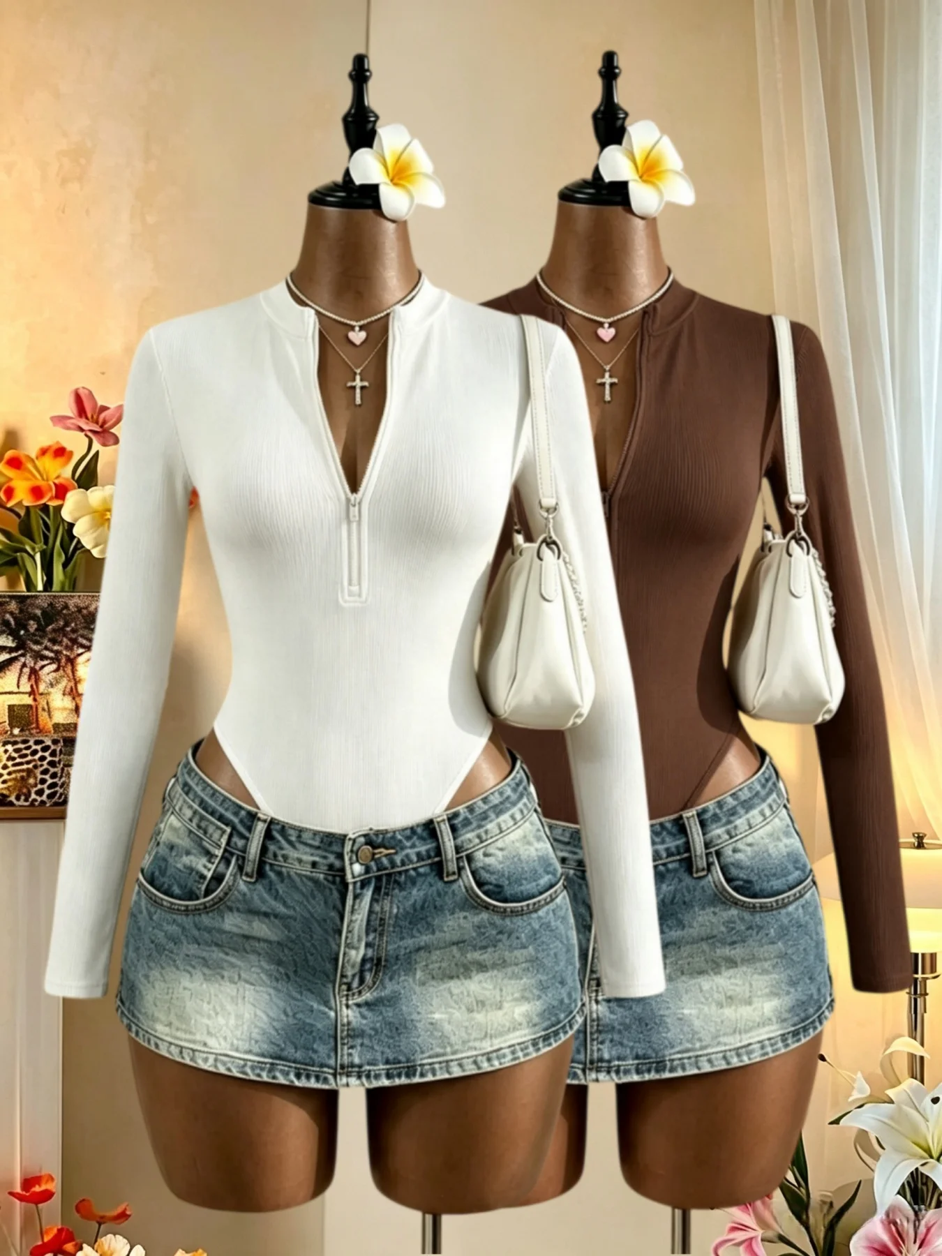 Women 2 Pack Bodysuit Half Zip Stand Collar Long Sleeve Ribbed Knit Slim Fit High Cut Bodycon Jumpsuit Y2K Streetwear Casual Dai
