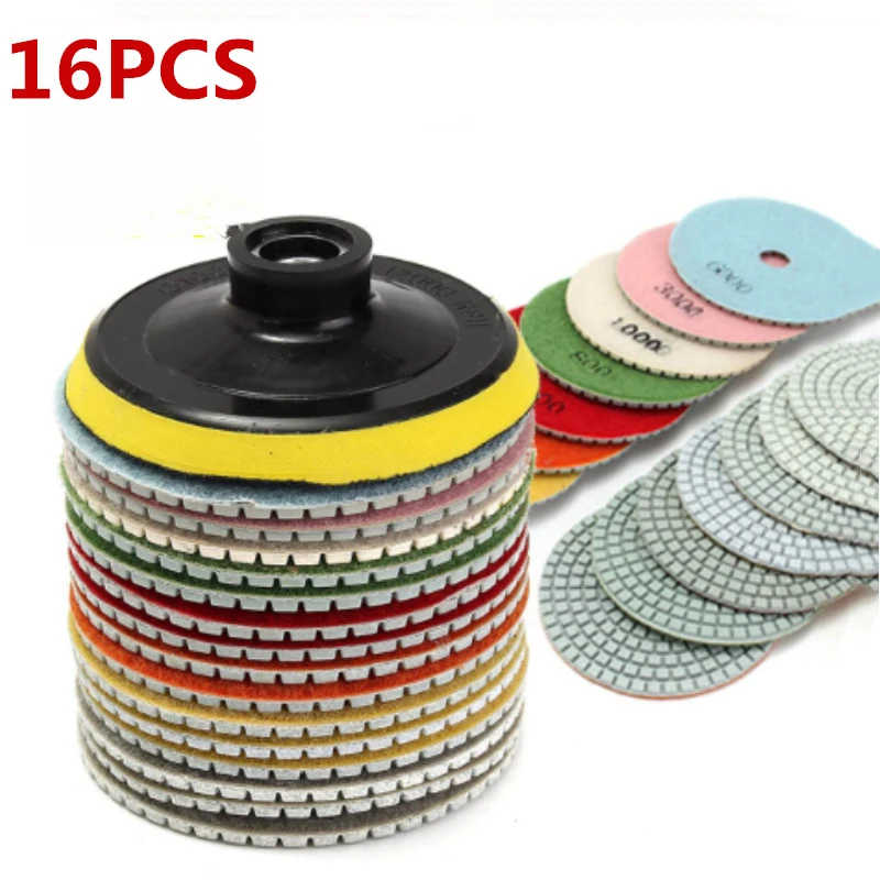 

16pcs 4 inch 100mm Diamond Polishing Pads Kit Wet/Dry for Granite Stone Concrete Marble Polishing Use Grinding Discs Set