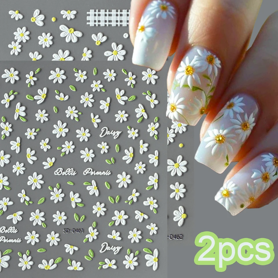 2 piezas calcomanías de arte de uñas diseño de margarita blanca 5D relieve florecita hoja verde decoraciones DIY primavera verano 6