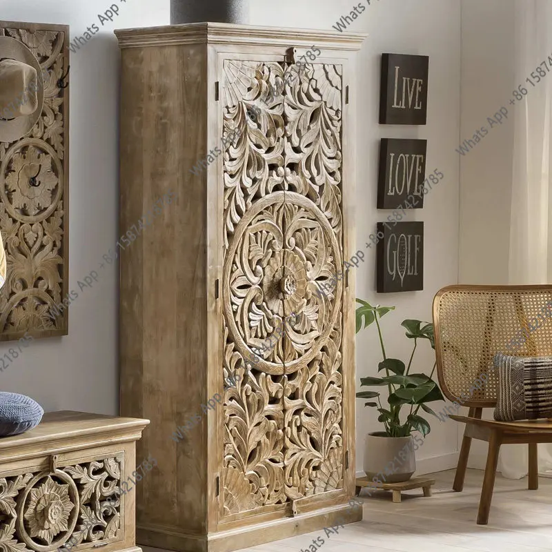 

French retro old double door wardrobe American solid wood hollow carved locker bedroom wardrobe