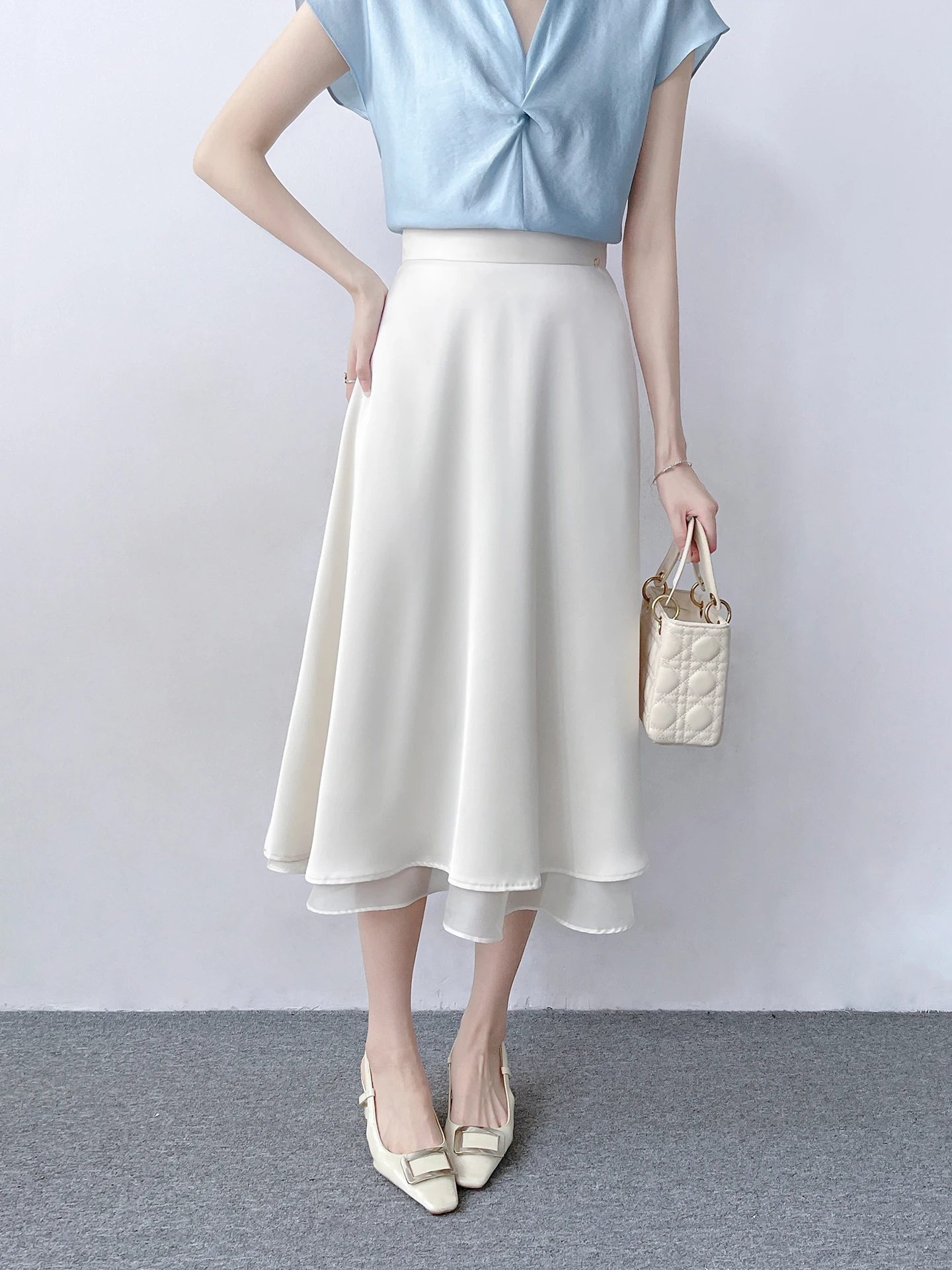 

Элегантная атласная драпированная юбка миди с завышенной талией А-силуэта для женщин, в утонченном стиле, из полиэстера, на молнии