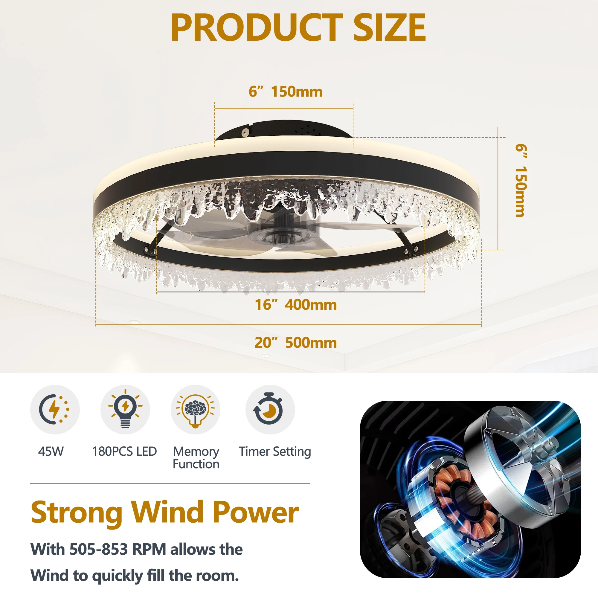 Modern LED Ceiling Fan with Light ,20'' Dimmable Ceiling Light , Remote Control & Adjustable Color Temperature, Quiet Fan