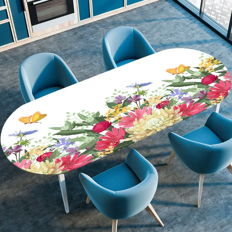 Oval Elastic Coffee Table Cover Flower Printed Rustic Table Cloth Waterproof Oil-proof Dinner Tablecloth