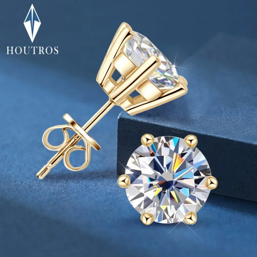 Houtros 0.5-2ct D VVS1 Moissanite Stud Earrings S925 Silver Four Six Claws Classcial Diamond Earrings Wedding Fine Jewelry GRA