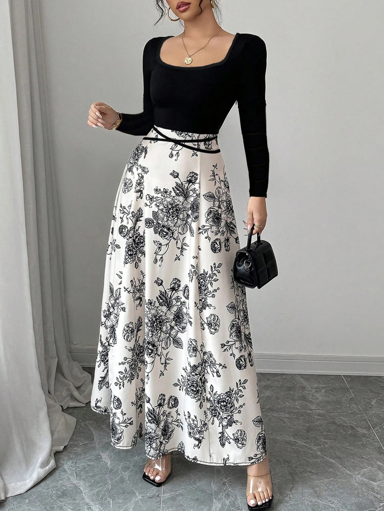 Business Casual Long Straight Tube Dress Round Neckline Tie Waist Commute Appropriate Women's Skirt Fashionable Office Wear