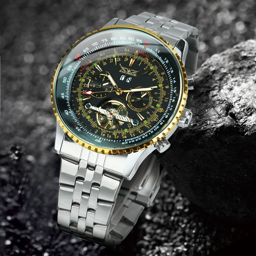 JARAGAR ساعات آلية رياضية متعددة الوظائف تقويم توربيون هيكل عظمي ساعة أوتوماتيكية للرجال حزام من الفولاذ المقاوم للصدأ جديد