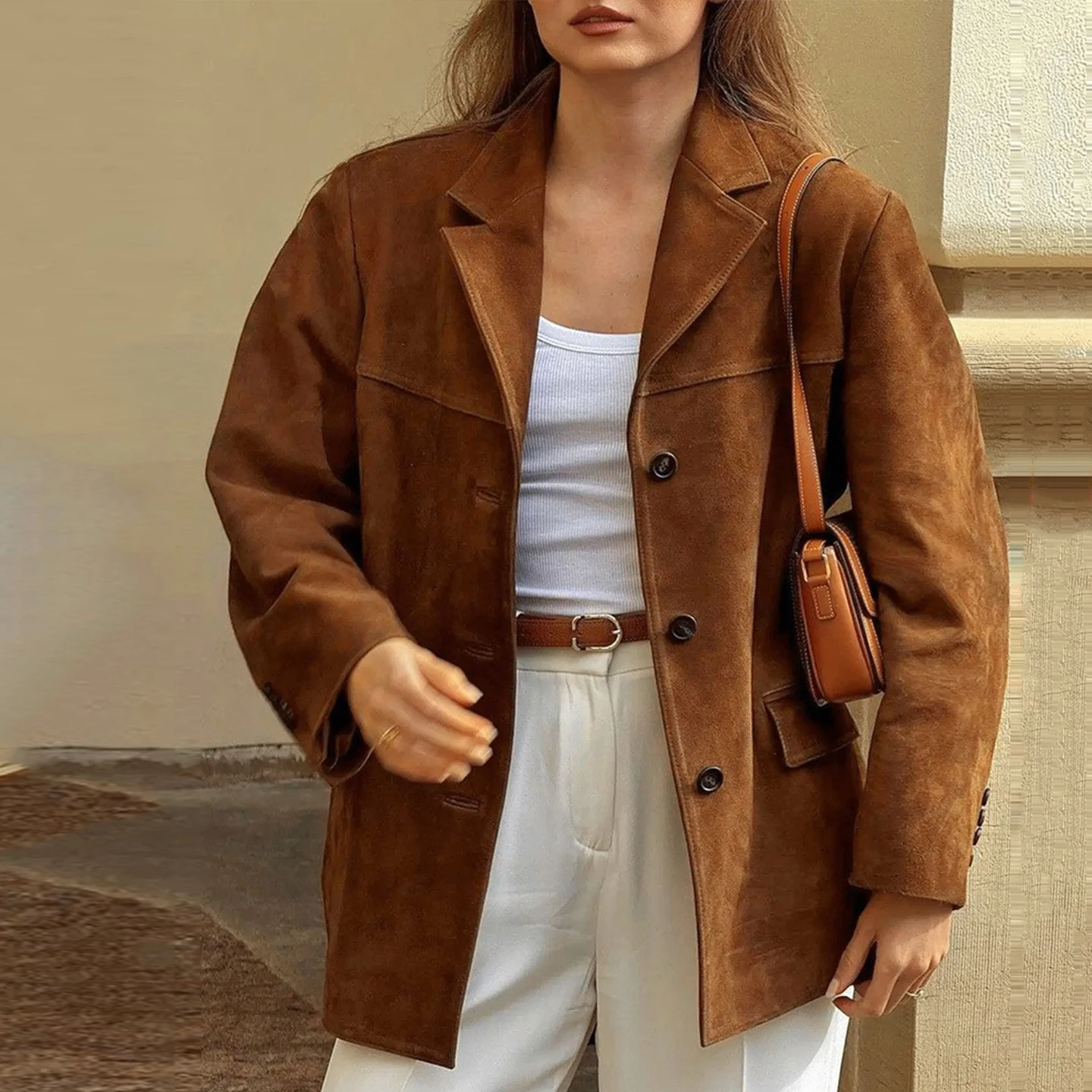

Loose Fit Brown Long Sve Suit Jaet for Women with kets Autumn 2025 New Arrival Vintage Sle Casual Wear Z