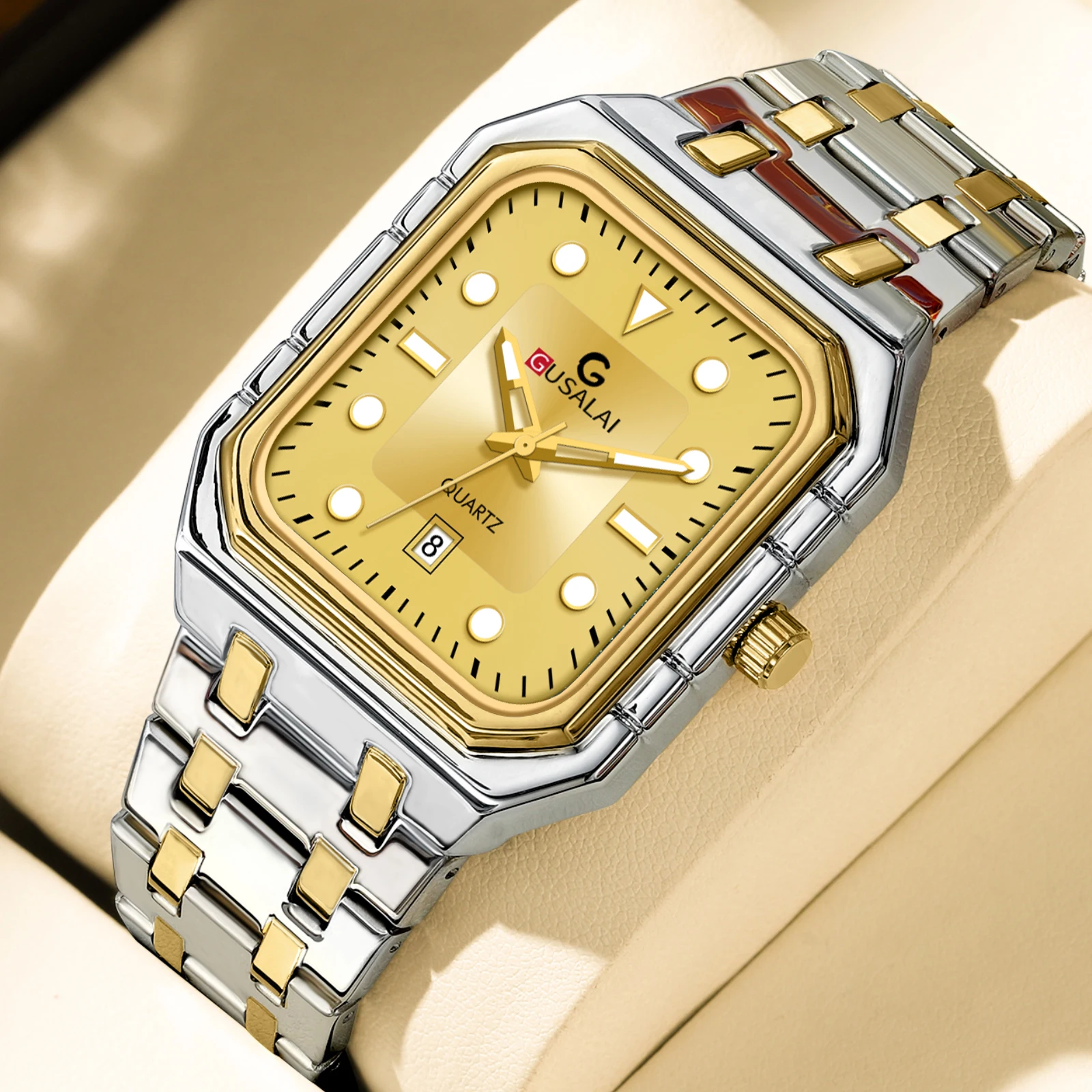 2025 신상 남성용 시계 사각형 고급 골드 스테인리스 스틸 캐주얼 비즈니스 스타일 오리지널 쿼츠 무브먼트 시뮬레이션 캘린더 시계