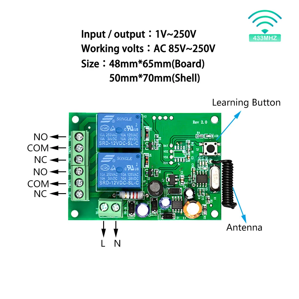 RF 433mhz Universal Gate Remote Control Switch AC 220V 2Channel Relay Receiver Remote ON OFF for Garage Door Curtain Motor Light