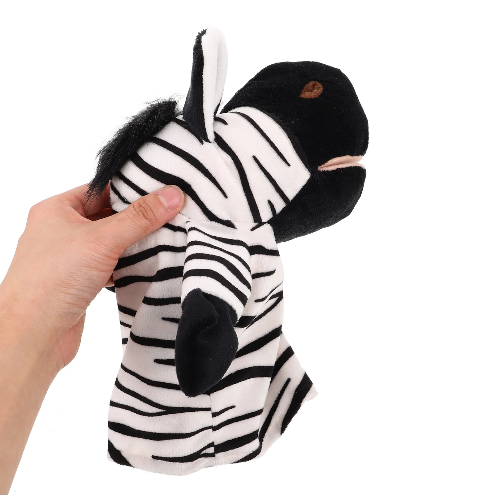 Burattino da dito animale Design zebrato Apertura della bocca Interazione genitore-figlio Burattino per bambini Animali dei cartoni animati Burattini per bambini