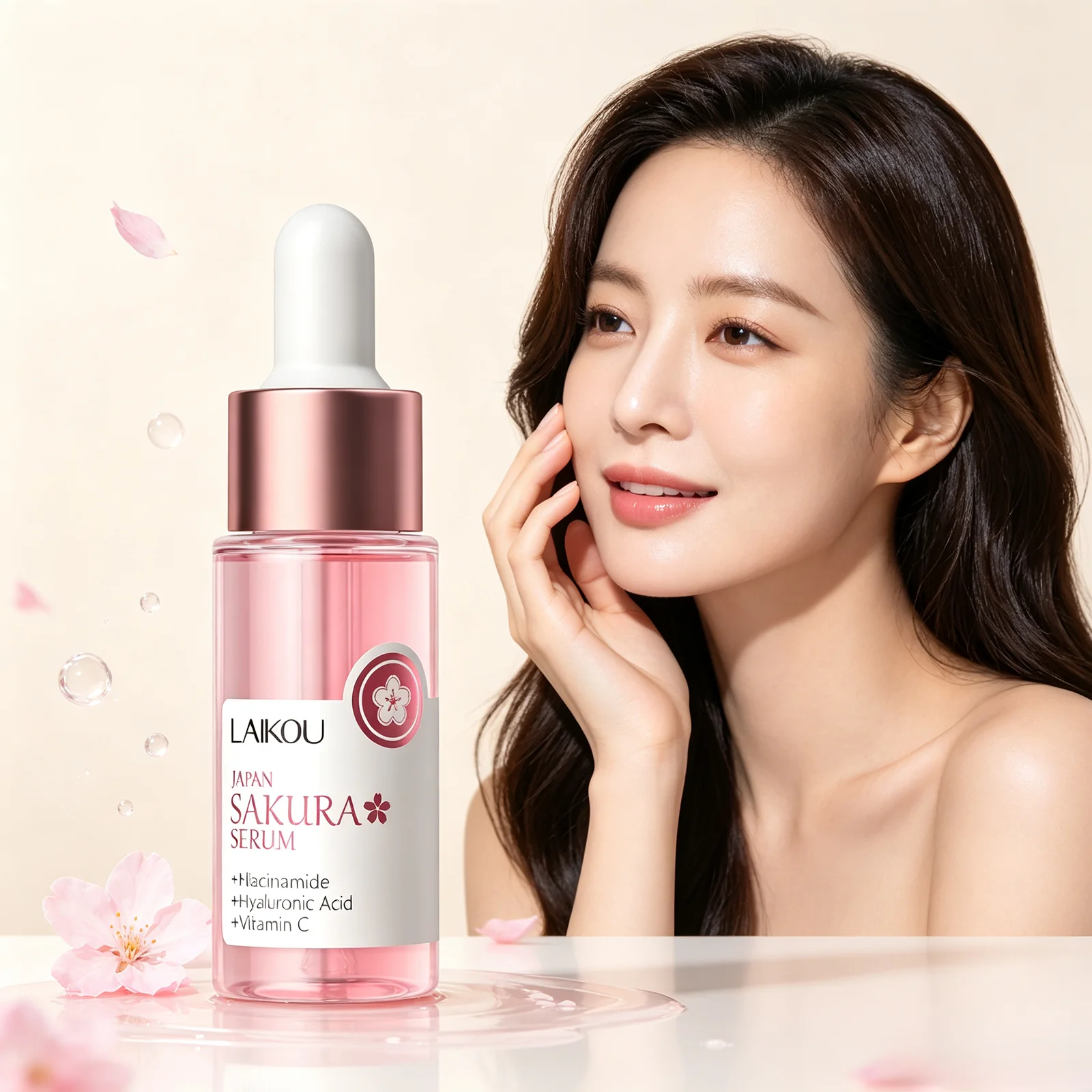 Sérum Facial LAIKOU Japan Sakura com Niacinamida, Ácido Hialurônico e Vitamina C, Essência Facial Hidratante 17ml/30ml