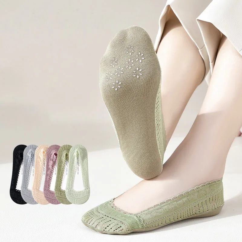 

5 Pairs Women's Socks Set Summer Thin Lace Japanese Harajuku Non-slip Solid Color Smooth Mesh Ankle Socks For Girl Wholesale