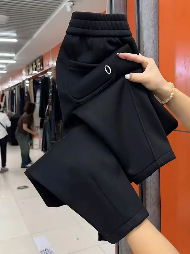 

Новые зимние женские брюки-харлан больших размеров на флисовой подкладке, повседневные свободные спортивные брюки с эффектом похудения, с высокой талией, длинные, из хлопка и шелка