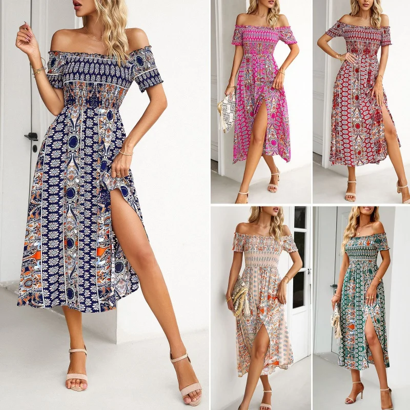 DY-Dress2024Spring En Zomer Nieuwe Off-Shoulder Bohemian Split Uitbreidingsrok