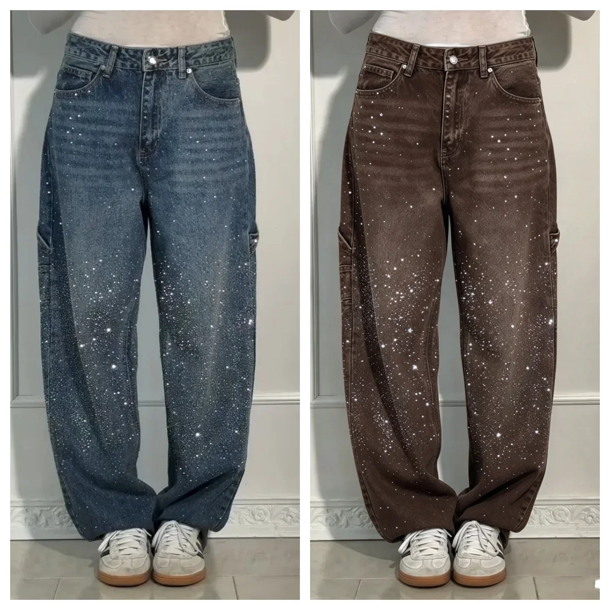 Y2K Shiny Rhinestone Baggy Women's Wide Leg Jeans Full Diamond Wide Leg Dragging Denim Pants Vintage Washed Casual Trousers