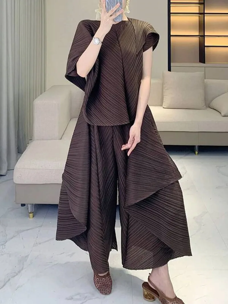 

Patchwork Fashion Niche Design Women's Two Pieces Set High-end Pleated Irregular Top And Patch Wide-leg Pants 2GFPE