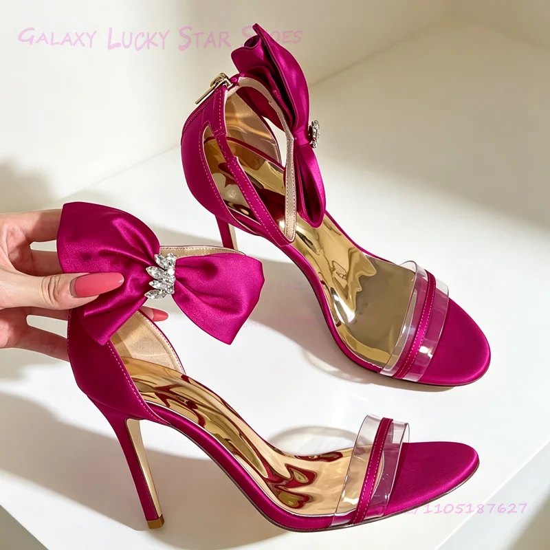 

Rose Red Silk Bow Jeweled Strap Heels Sexy Gold Ankle Strap Tassel Sandals Riband Girls Sequin Open Stiletto Summer Evening Shoe