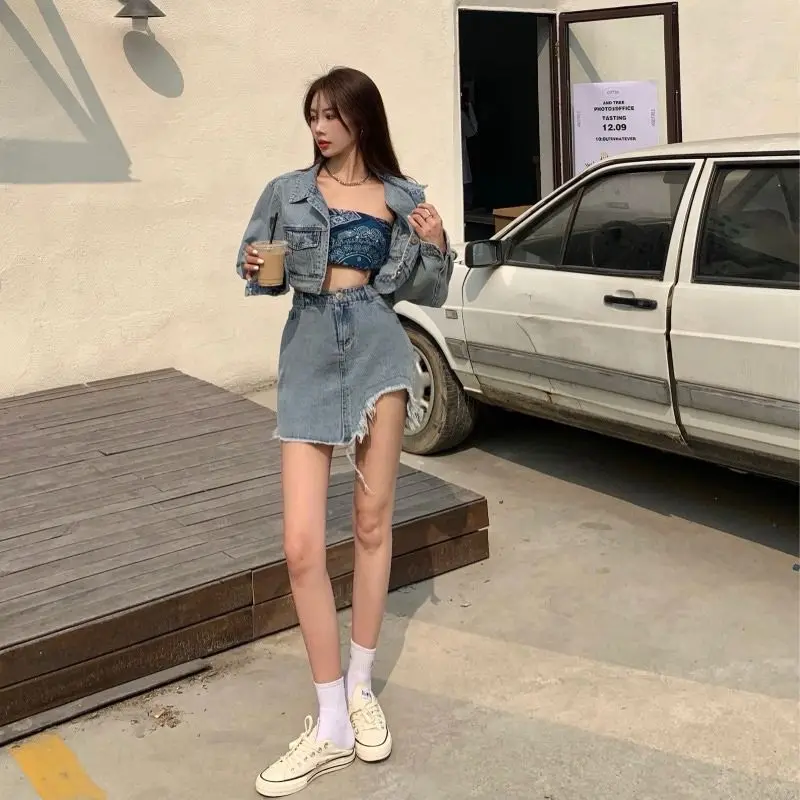 Spring Autumn Korean Retro Loose Relaxed Denim Coat Women's Short Style+Irregular High Waist Sexy Half Skirts Two Piece Set