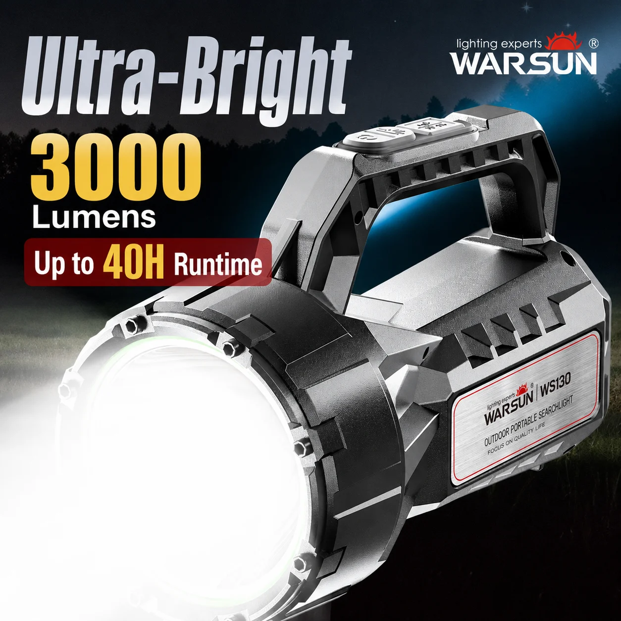 warsun-ws130-ハイパワー充電式サーチライト、長距離ハンドヘルドled懐中電灯、パトロール、キャンプ用大型バッテリー搭載