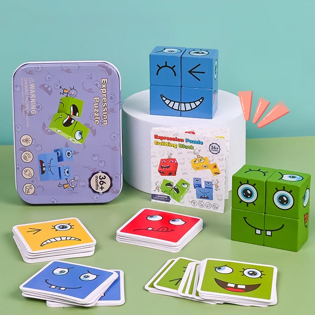 Cube Face Change Building Blocks Gra planszowa Puzzle drewniane Montessori Expression Drewniane klocki Blocos dla dzieci Zabawki dla dzieci Prezent