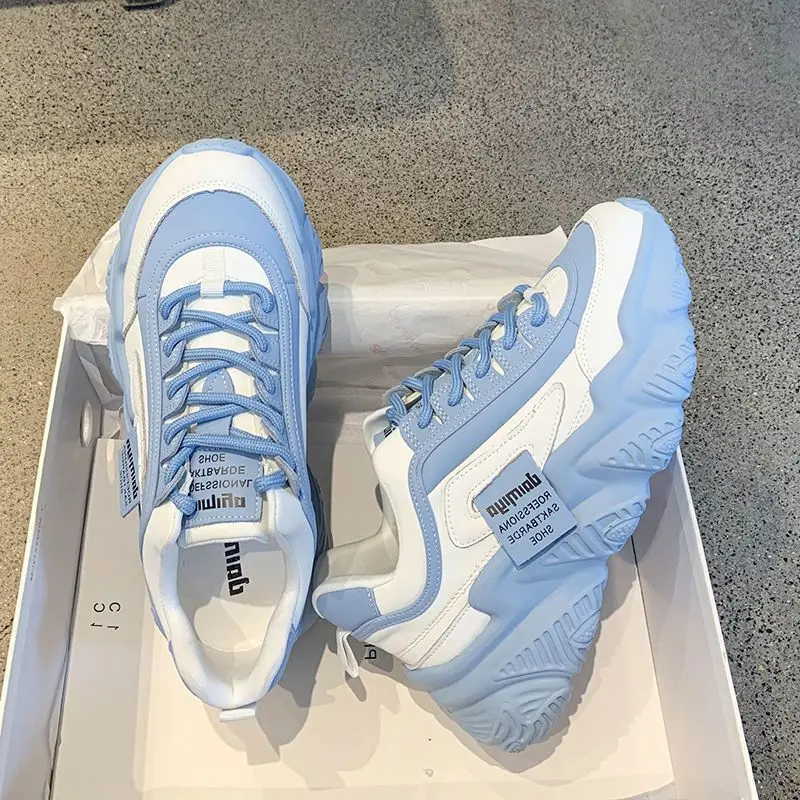 Spring Elevator Chunky Shoes Women's Vulcanized Sneakers Platform Shoes Girl Wedge Leather Sneakers Woman Height Increased Shoes
