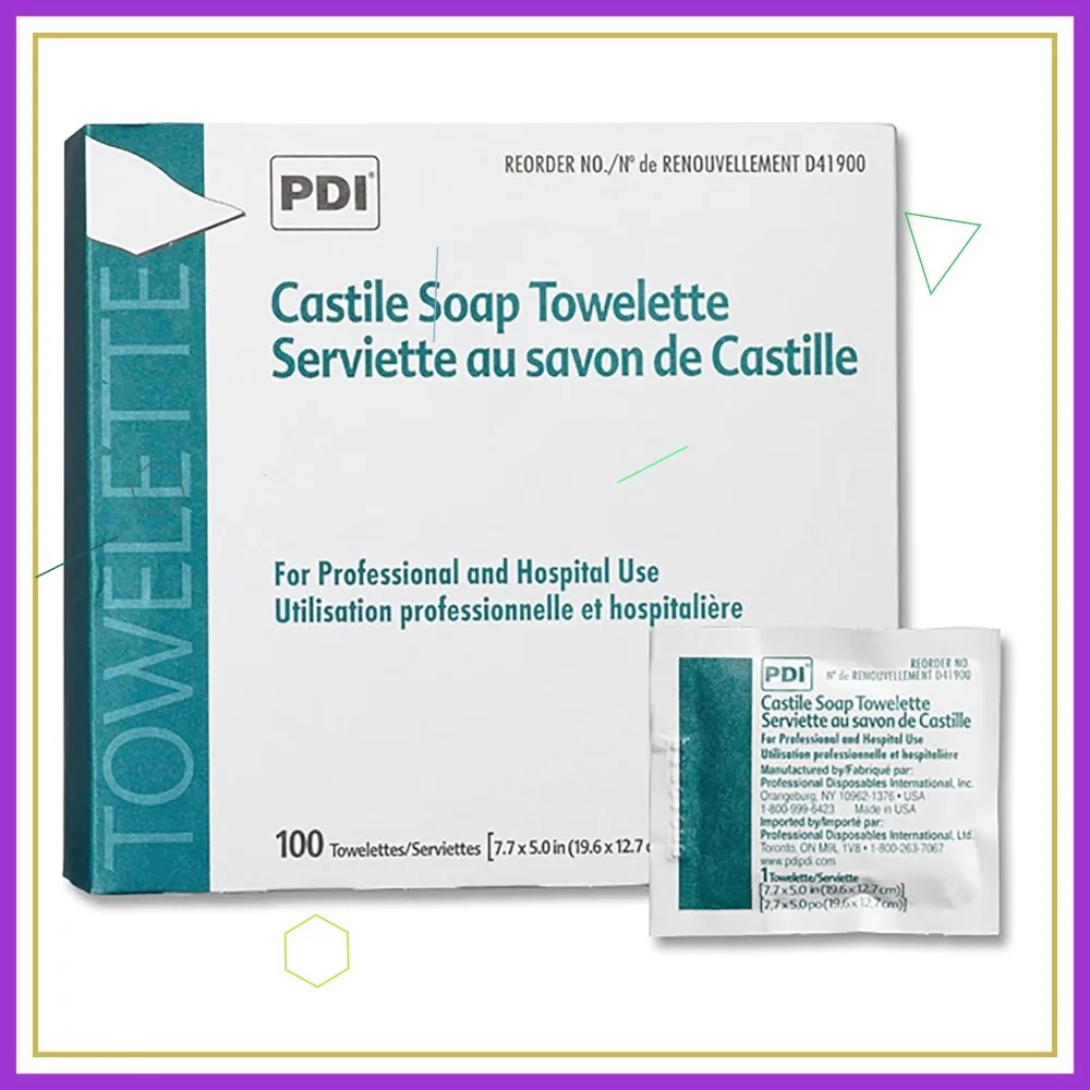 

PDI Castile Soap Towelettes, 100 Individually Wrapped Wipes, Gentle Cleansing for Face & Hands, Travel & Patient Care
