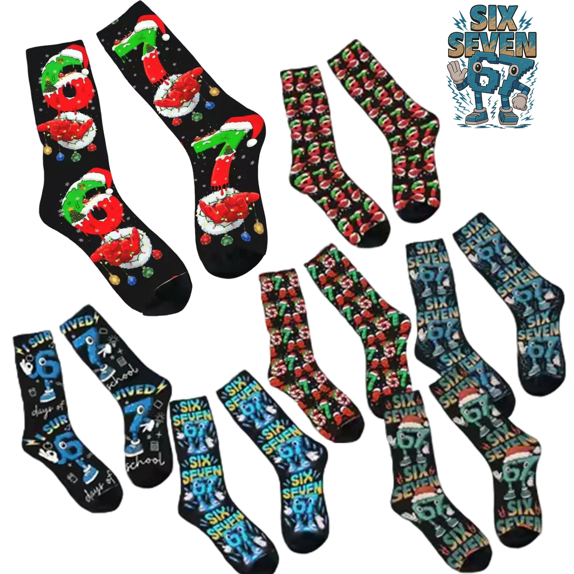 مضحك ستة سبعة 67 ميمي 6 7 عيد الميلاد سانتا اليد الجوارب جوارب أنيقة الخريف عدم الانزلاق الرجال الجوارب لينة تنفس الجوارب