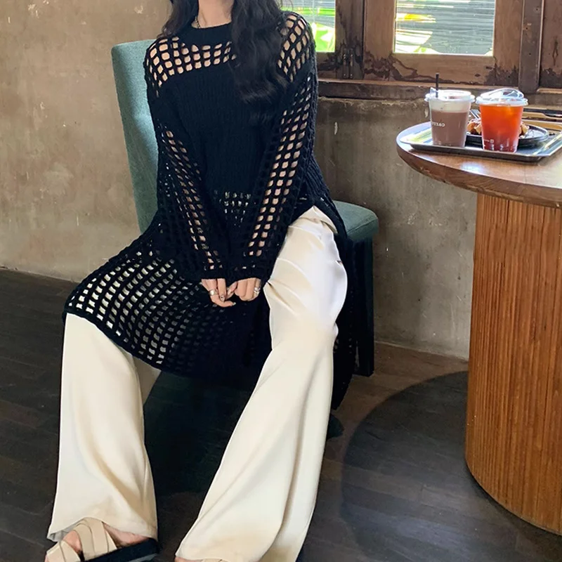 Solid Color Knitting Dress Fashion Summer Dresses 2024 Loose Casual Temperament Hollow Out Sweater O-neck Split Women New