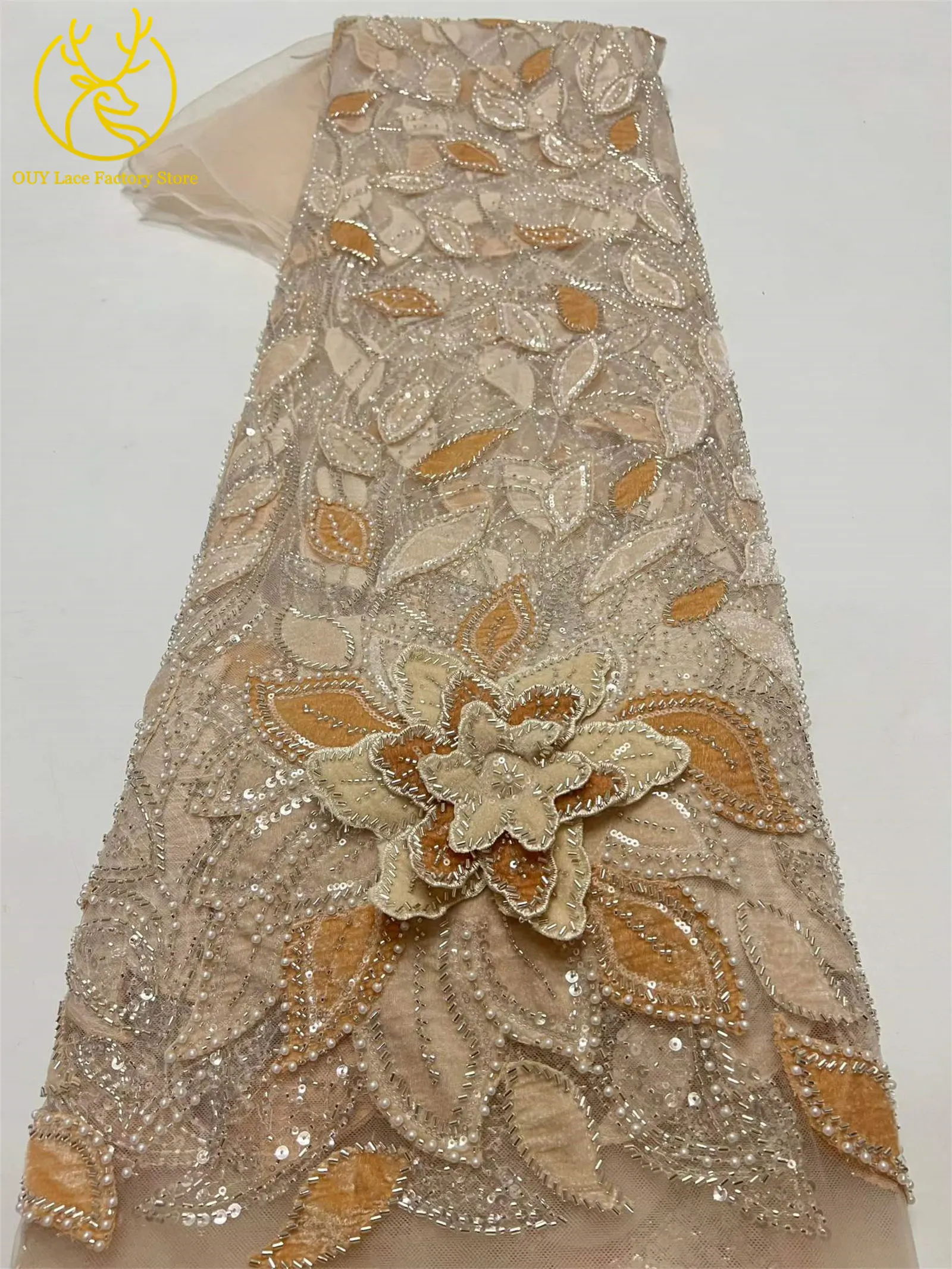 3D-Blumen handgefertigter Perlen-Spitzenstoff, afrikanischer Spitzenstoff, exquisiter nigerianischer Pailletten-Tüll-Spitzenstoff für Hochzeitskleider zum Nähen – Detail 10