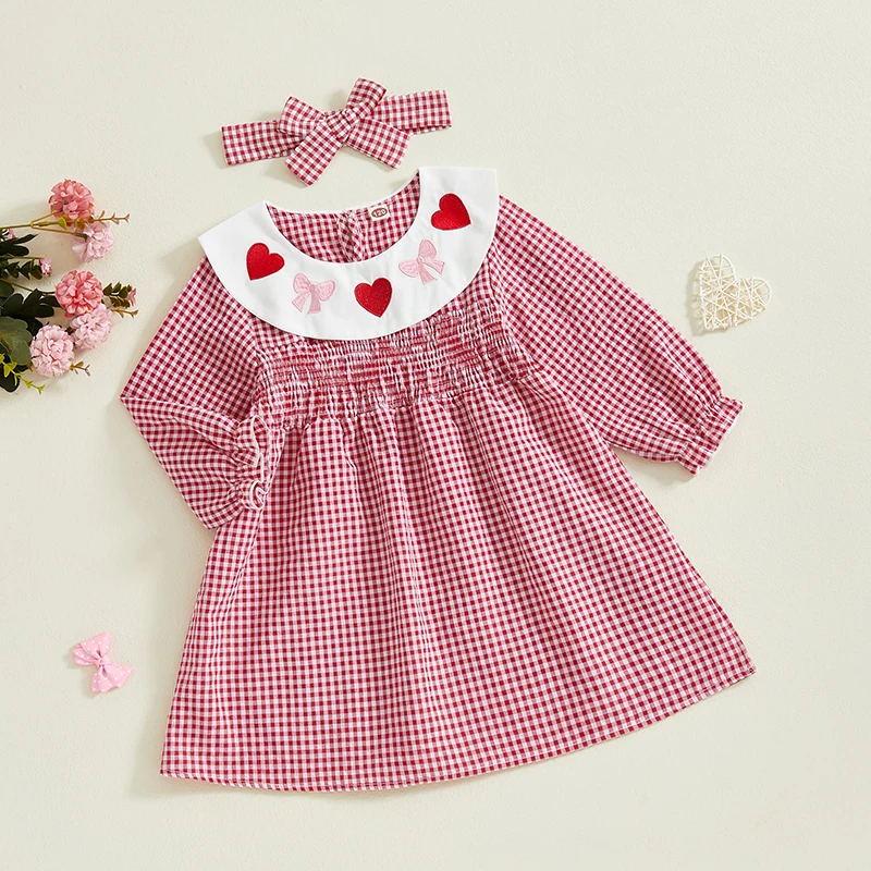 Little Girl Valentines Day Dress Plaid Heart Bow Embroidered Collared Long Sleeve Smocked Princess Dresses with Headband