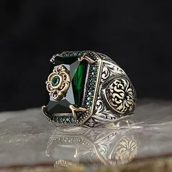 vintage Handmade Turkish Signet Ring For Men Women Ancient Silver Color Carved Eagle Ring Green Zircon Inlay Punk Motor Biker