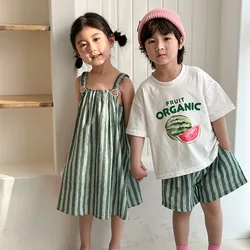 Children's Summer Clothes Vacation Boys' Watermelon Print T-shirt + Shorts 2PCS Set Girls' Striped Sling Dress Sibling Outfit