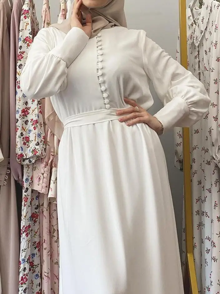 Mulheres muçulmanas elegante chiffon simples cor sólida macio vestido longo cintura-gravata vestido de camada dupla robe abaya botão