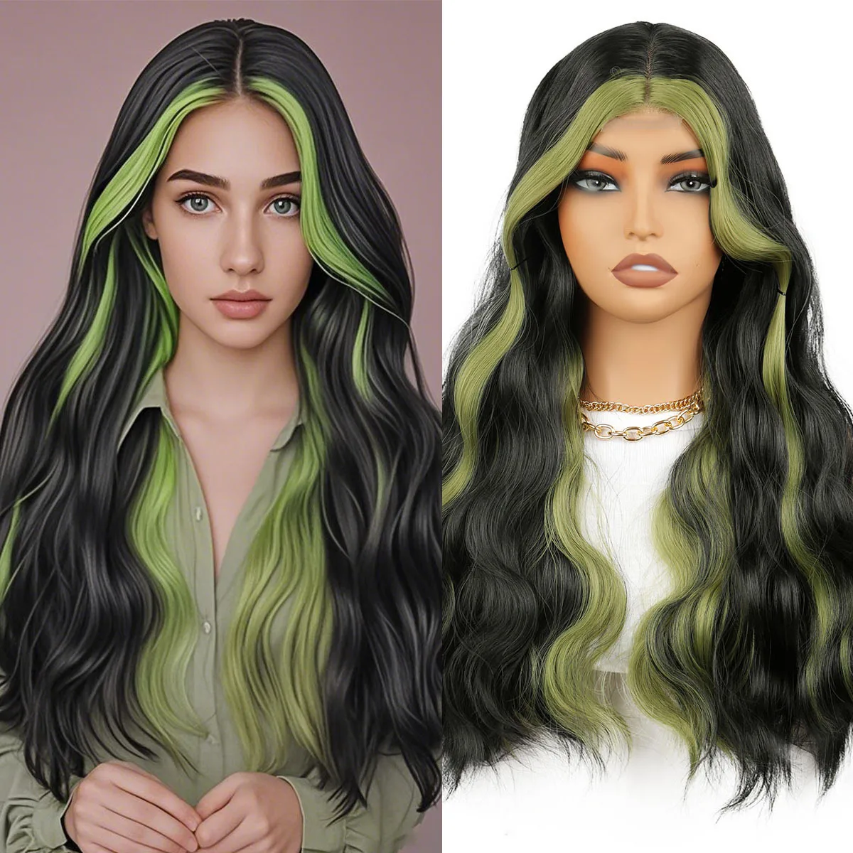 

Highlighting black and green medium length curly hair wig female chemical fiber full headgear cos