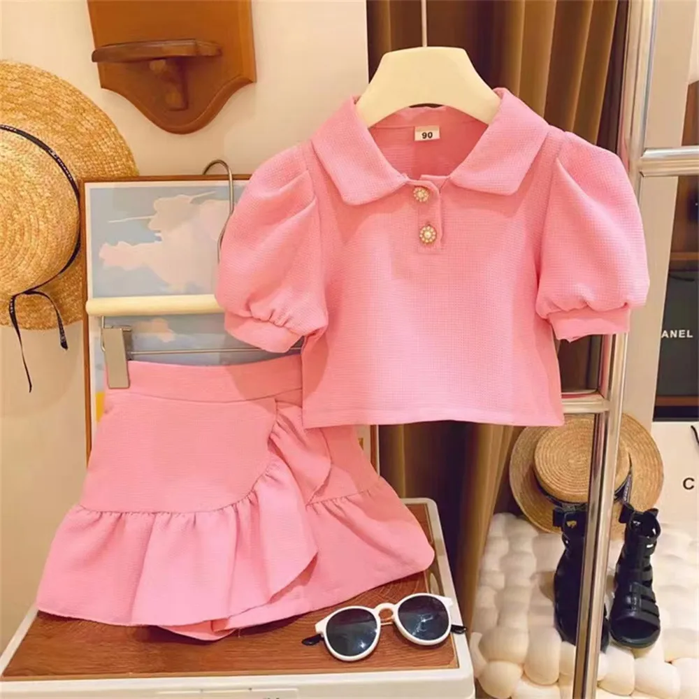 2024 Summer Puff Sleeved Short Sleeved Shirt+Short Skirt 2Pcs Kid Clothes Children Girl Suit For 2-6 Years Kids Outfits