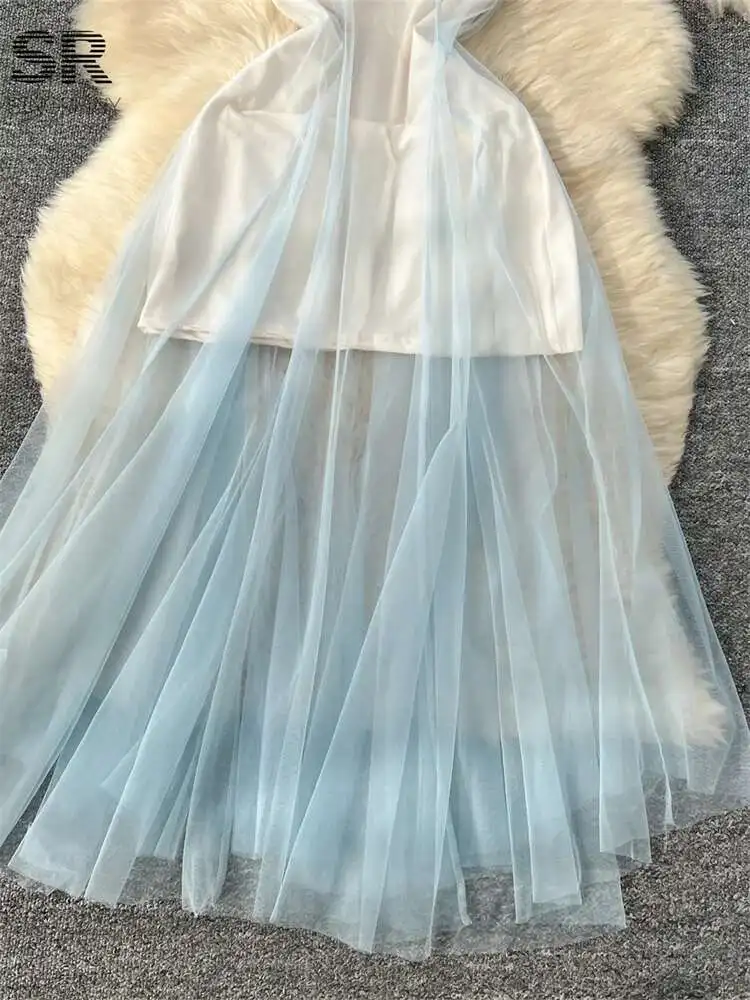 BabYoung Gentle Vacation Suits Women Sleeveless Straps Solid Mini Dress+Sheer Gauze Dress 2025 Fashion Sweet Beach Sets