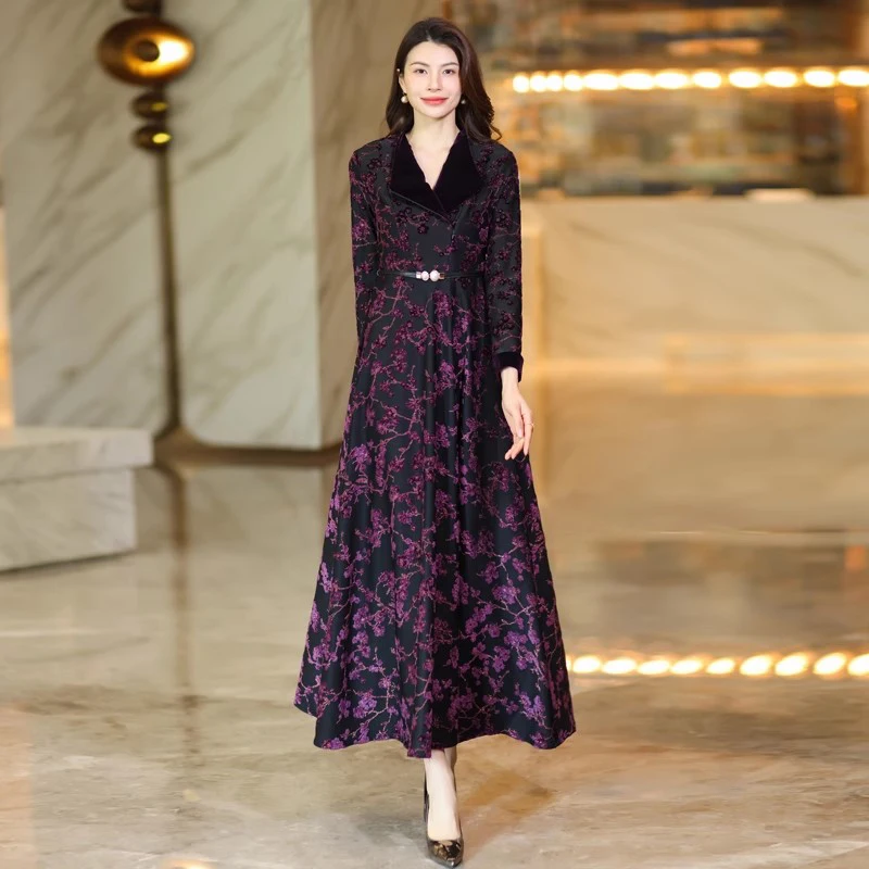 New Women Thick Long Dress Autumn Winter Fashion Stand Collar Long Sleeve Slim Jacquard Dress Elegant Exquisite Purple Dress