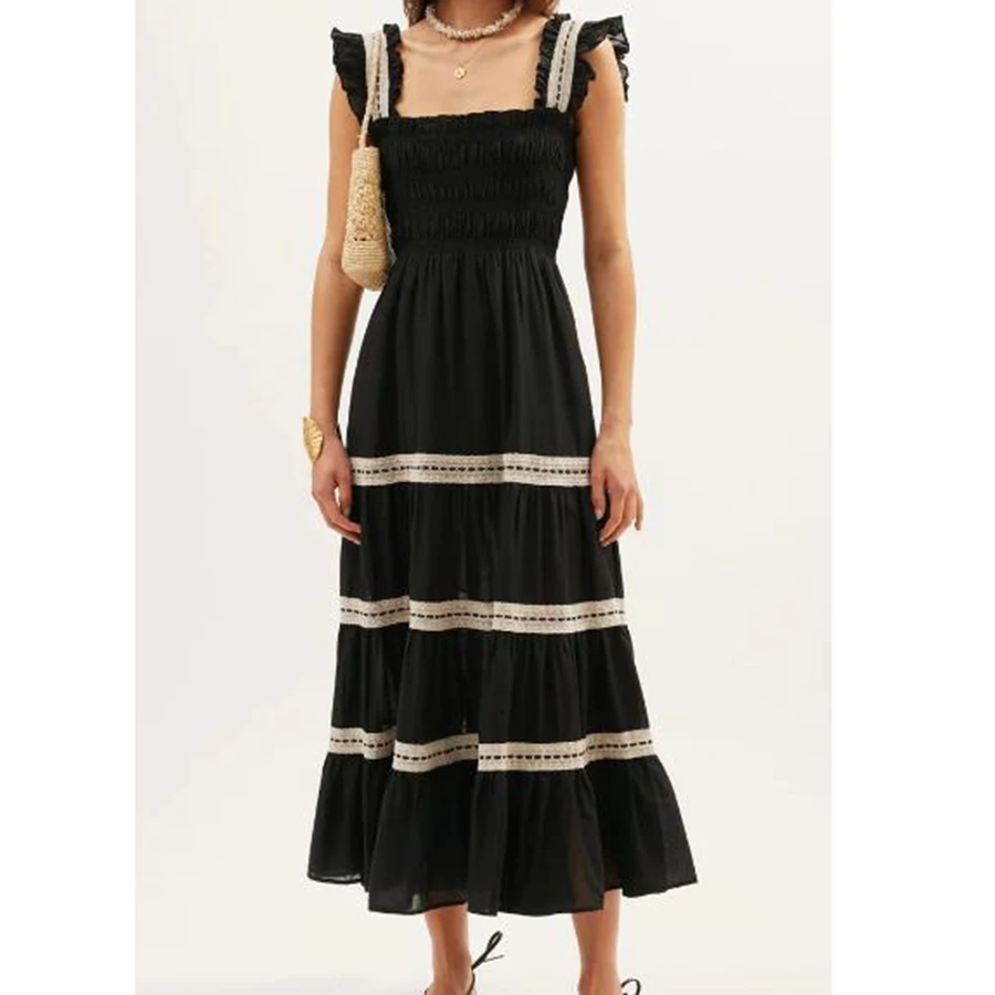 2025 여성 패치워크 여름 캐미 롱 드레스 플라워 프린트 슬리브리스 스퀘어넥 롱 플로위 A라인 비치 드레스