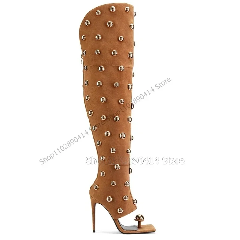 

Brown Blue Rivets Decor Open Toe Boots Back Zipper Women Shoes Thin High Heels Sexy Novel Party Runway 2023 Zapatos Para Mujere