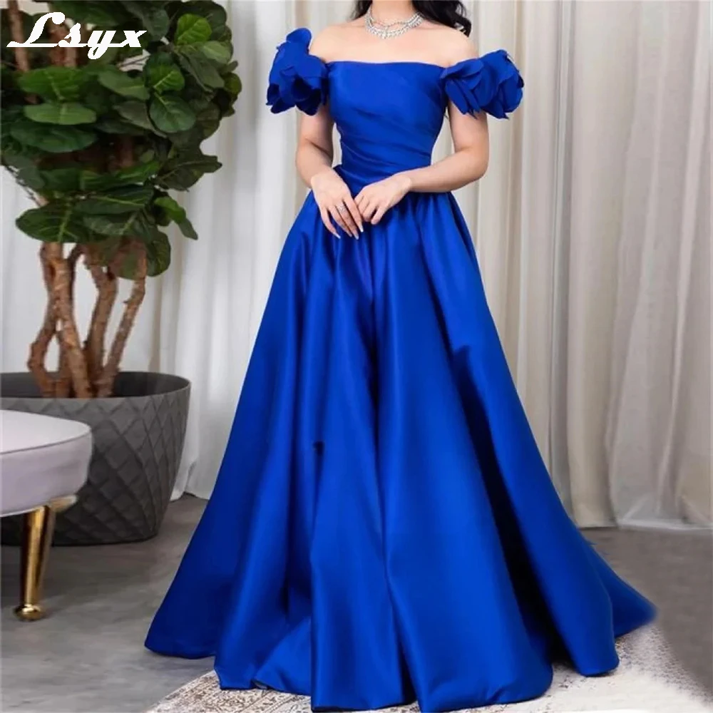 

LSYX Off Shoulder Evening Dresses Short Puff Sleeves A Line Satin Formal Party Gowns Robe Femme Soirée