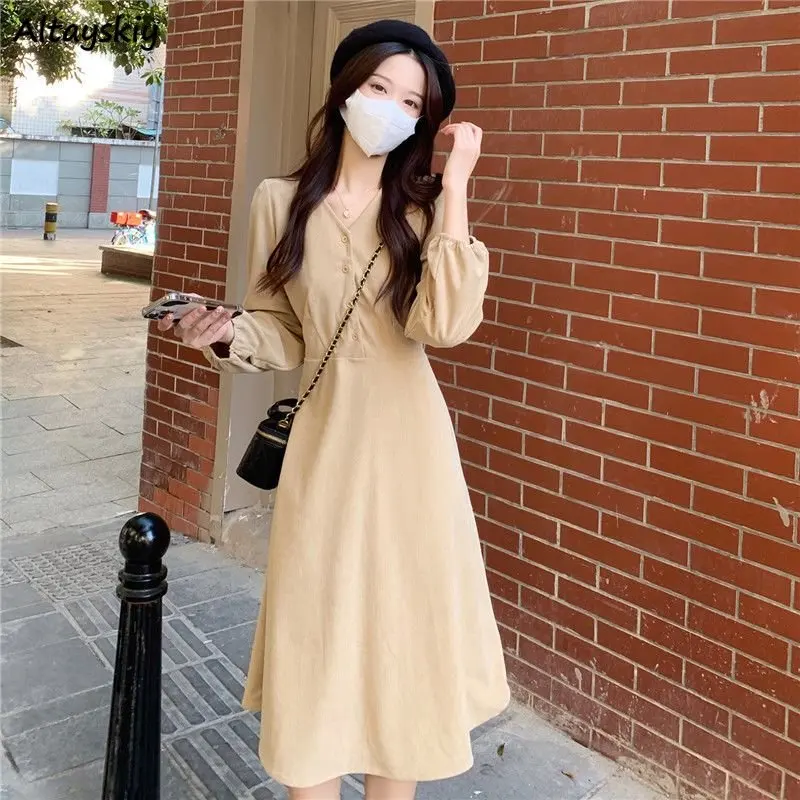 Corduroy Long Sleeve Midi Dresses for Women 2022 V-neck Solid Sweet Cute  Autumn Clothing New Vestidos Elegant Empire Cozy Ladies - AliExpress