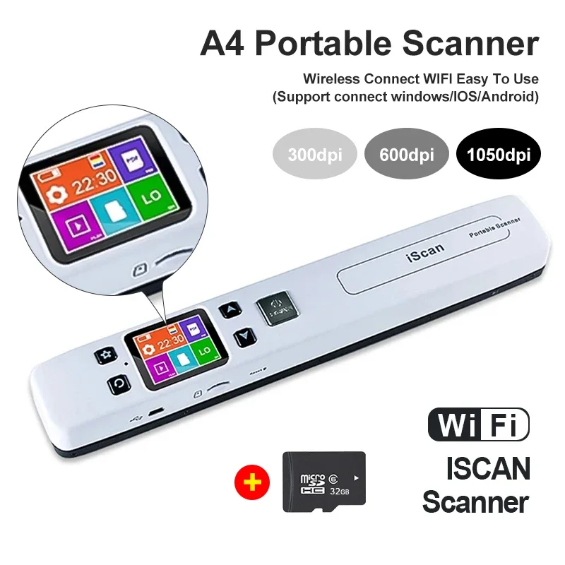 Iscan A4 Mini Portable Document & Images Photo Scanner WiFi 1050 DPI JPG/PDF Handheld High Speed Scanner For School Business Use