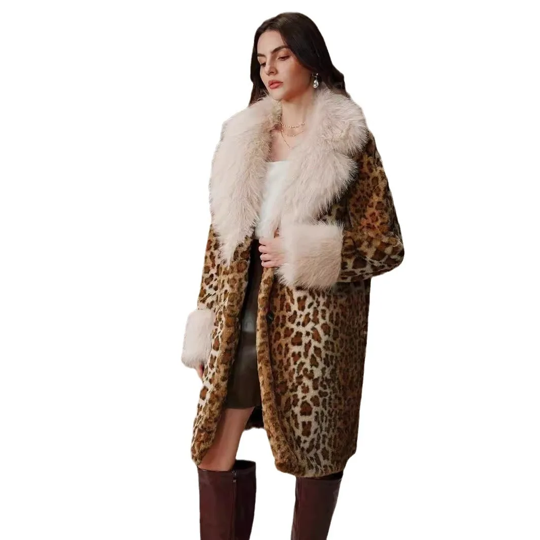 KIDCRKJ Winter Women Mink Fur Jacket Leopard Print Big Fur Collar Faux Fur Outwear For Female Long Over The Knee Lady Fur Coat