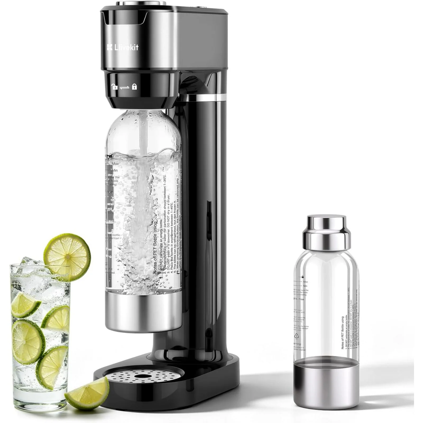 Macchina per la preparazione di acqua frizzante con sistema di erogazione del gas, 4 livelli di effetto frizzante, manometro visivo, vassoio raccogligocce, disponibile in bottiglie PET da 0,5 L e 1 L,