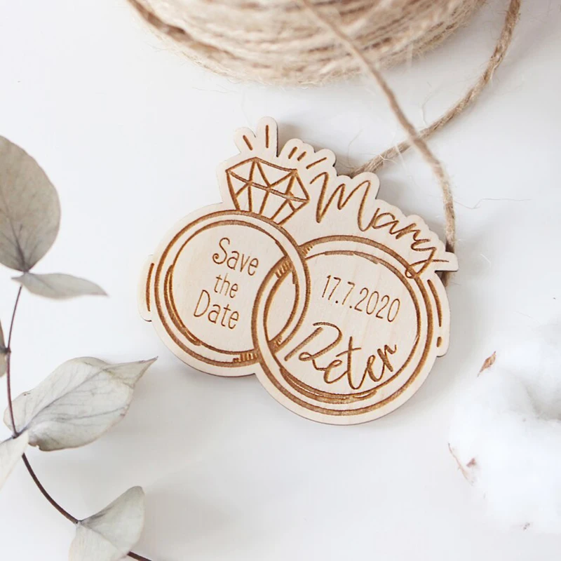 Personalized Save The Day Magnet, Engraved Wooden Wedding Tags, Engagement Rings Wedding invitation, Custom Gift For Guests