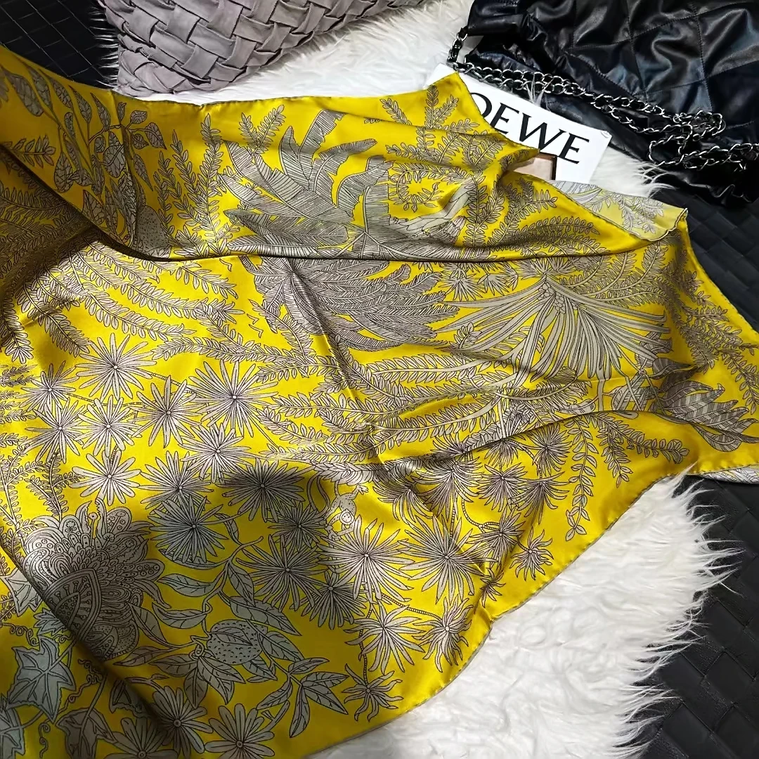 BYSIFA|Women Yellow 100% Mulberry Silk Scarf Winter Brand Floral Design 100% Mulberry Silk Square Scarves Fashion Hijabs Bufanda